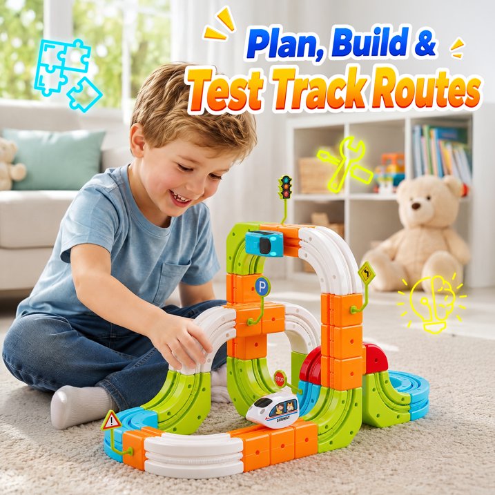 Carsky 93PCS City Rail Car Track Set with Electric Rail Cars, DIY Magnetic Track Pieces, Loop Track, Wall Track Option, Traffic Signs and Indoor Activity Gift Set for Kids 3 plus