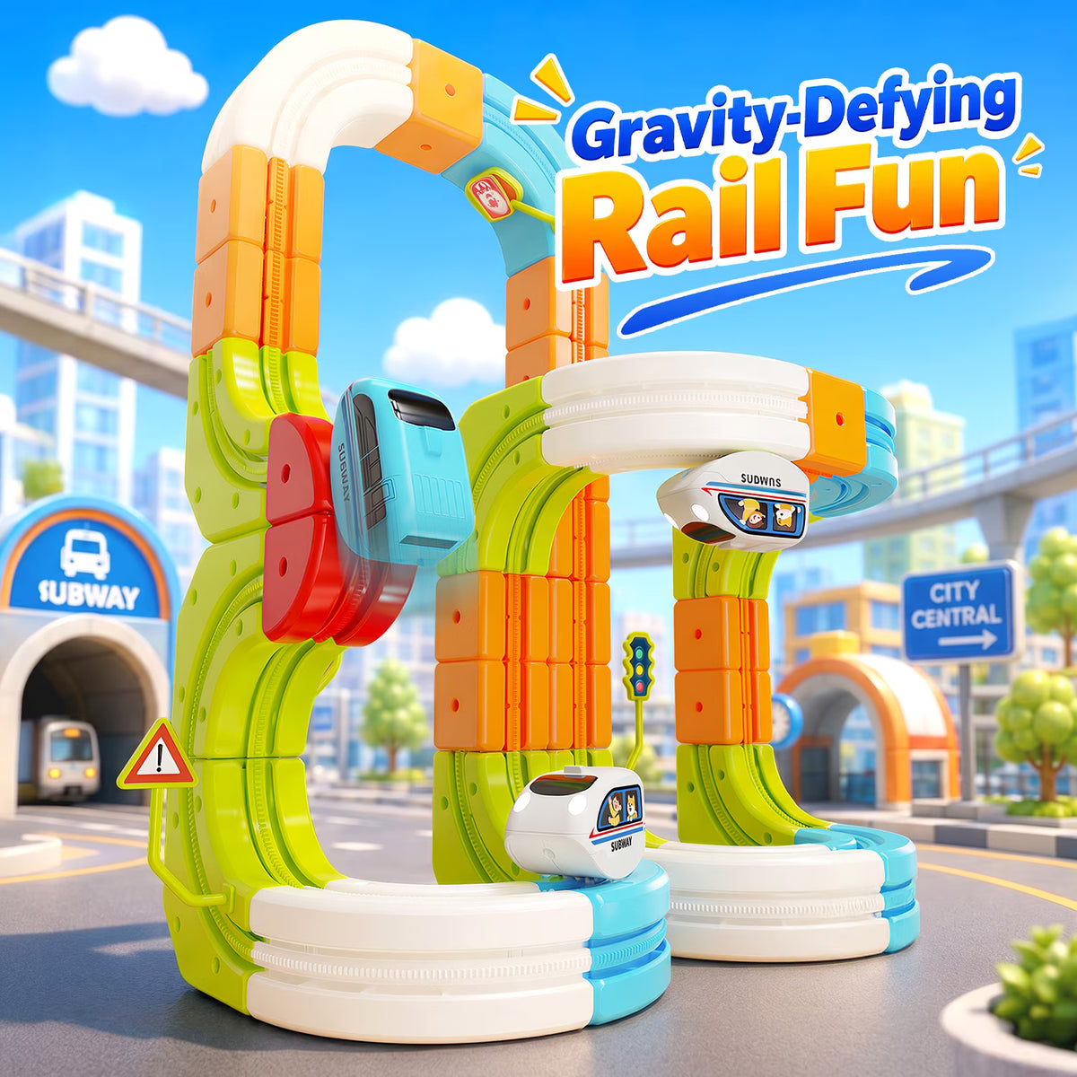 Carsky 93PCS City Rail Car Track Set with Electric Rail Cars, DIY Magnetic Track Pieces, Loop Track, Wall Track Option, Traffic Signs and Indoor Activity Gift Set for Kids 3 plus
