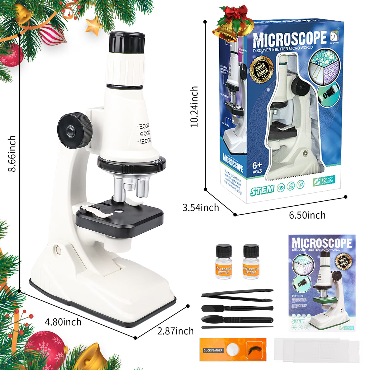 Carsky Microscope for Kids, Science Kits for Kids Beginner STEM Microscope Kit with LED 200X, 600X, 1200X Magnification, Educational Toys Birthday Gift fot Kids Age 5-7 8-12
