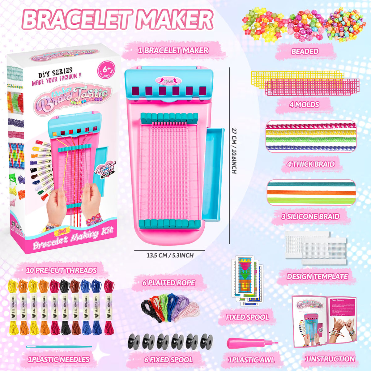 Carsky Friendship Bracelet Maker Kit for Kids 6+, Easy DIY Craft Set for Beginners & Advanced Makers, Pink Art Craft Set Birthday Christmas Gift Toys for Girls 7 8 9 10 11 12