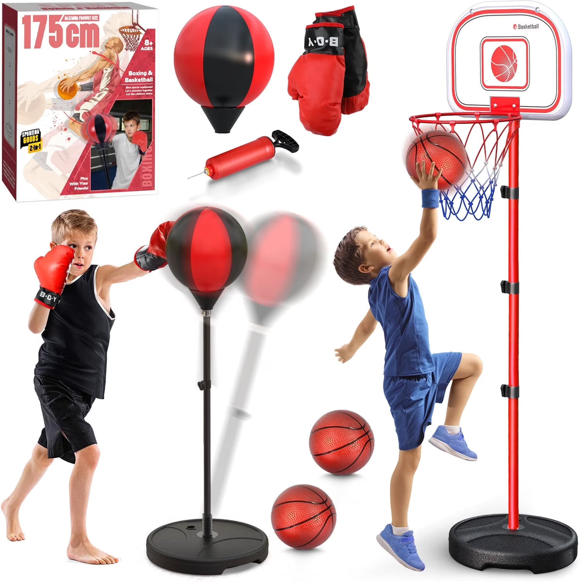 Carsky 2 in 1 Kids Basketball Hoop&Punching Bag, Boxing Set with Gloves, 69 inch Adjustable Height for All Ages, Indoor/Outdoor Sports Game Christmas Gifts Toys for Boys 5-7, 8-11 12+