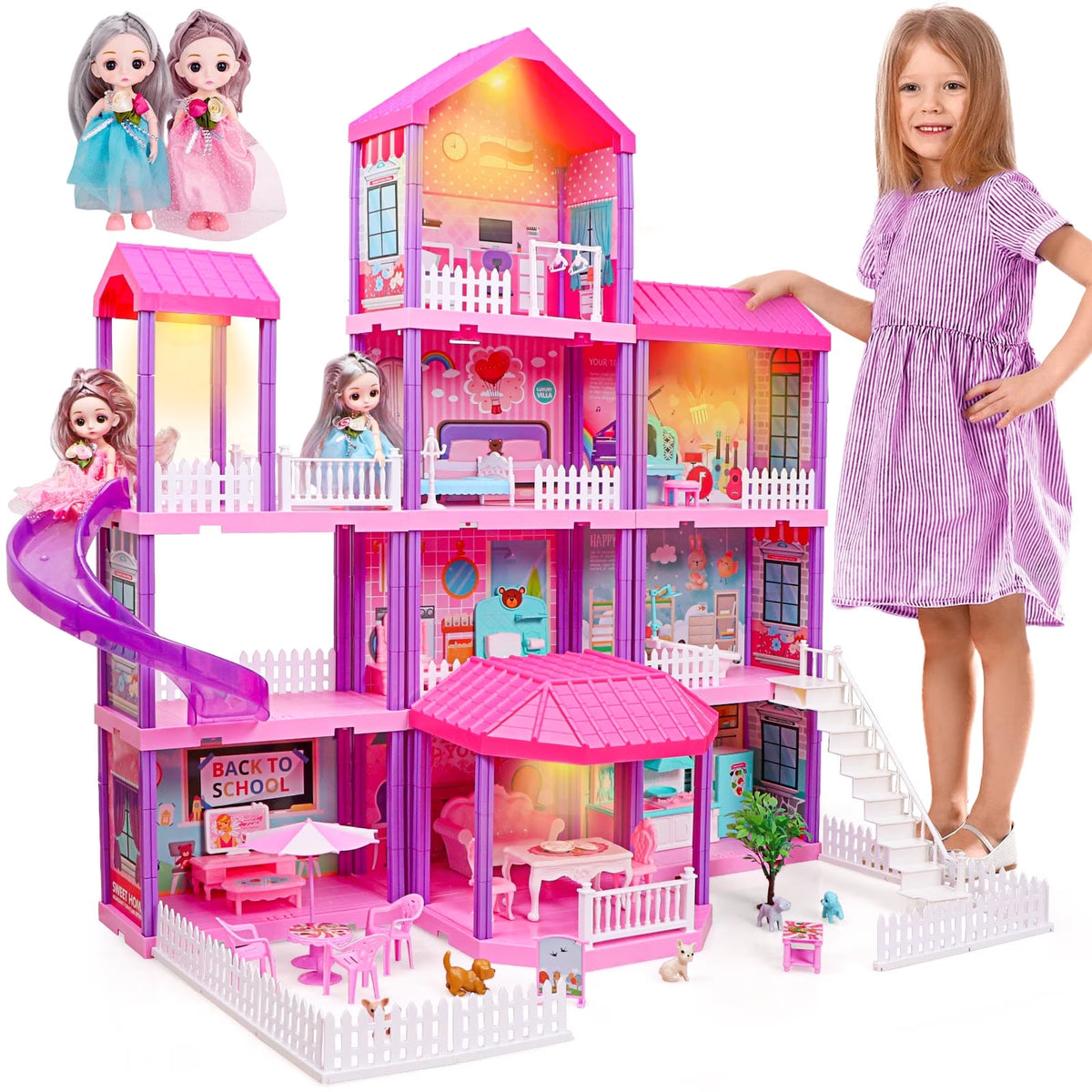 Carsky 36 inch Dollhouse Playset Girl Toys, 11 Rooms with Doll Toy Figures Toddler Playhouse Christmas Birthday Gifts for 3 4 5 6 7 Year Old Girls
