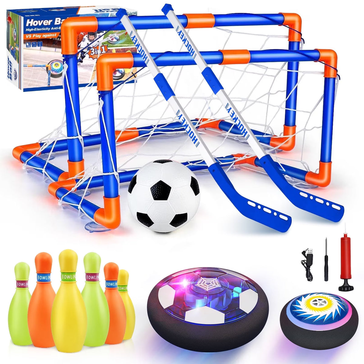 Carsky Hover Soccer Ball Set, 3-in-1 LED Soccer Hockey Bowling Set Indoor/Outdoor Toys, Gifts for 3 4 5 6 7 8+ Years Boy Girl