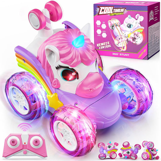 Carsky Unicorn Remote Control Car for Girls,Rechargeable 360°Stunt RC Cars Rotation 4WD Remote Cars with LED Lights,Fun Indoor Outdoor Toys for Kids,Chritmas Birthday Gift for 3 4 5 6 Year Old Girl