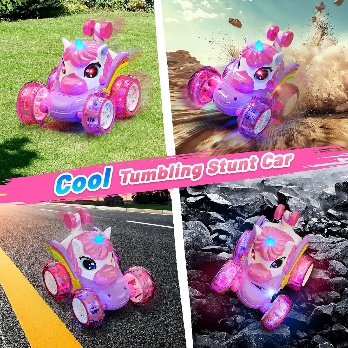 Carsky Unicorn Remote Control Car for Girls,Rechargeable 360°Stunt RC Cars Rotation 4WD Remote Cars with LED Lights,Fun Indoor Outdoor Toys for Kids,Chritmas Birthday Gift for 3 4 5 6 Year Old Girl
